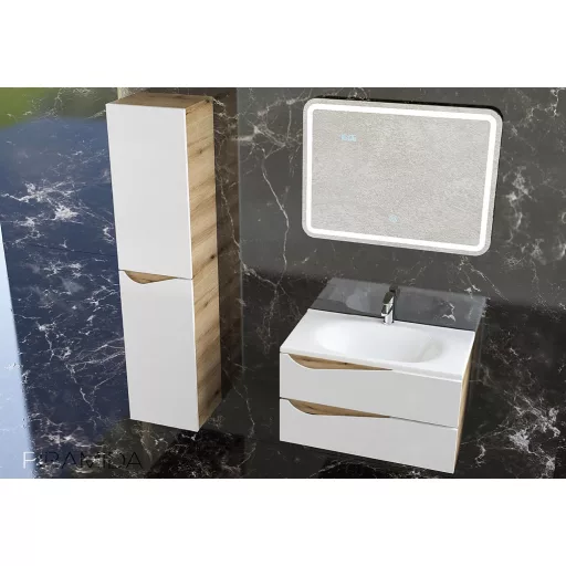 Piramida EURIDIKA fali fürdőszobabútor - műmárvány mosdóval -2 fiókos - ALPINFEHÉR-TÖLGY - 75 x 48 x 55 cm