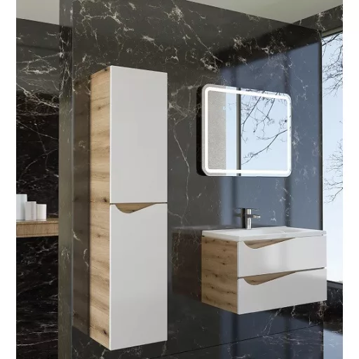 Piramida EURIDIKA fali fürdőszobabútor - műmárvány mosdóval -2 fiókos - ALPINFEHÉR-TÖLGY - 75 x 48 x 55 cm