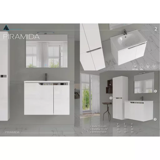 Piramida EURIDIKA fali fürdőszobabútor - műmárvány mosdóval -2 ajtós - 75 x 48 x 53 cm