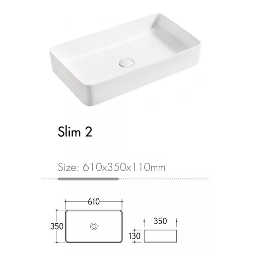 Eros SLIM 2 - PULTRA ültethető - Top Counter - porcelán mosdó - 61 x 35 x 11 cm