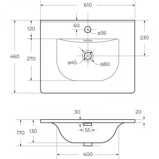 TMP MODENA 60 fali függesztett fürdőszobabútor - SKY E-8099-60 porcelán mosdóval - 61 x 46 cm
