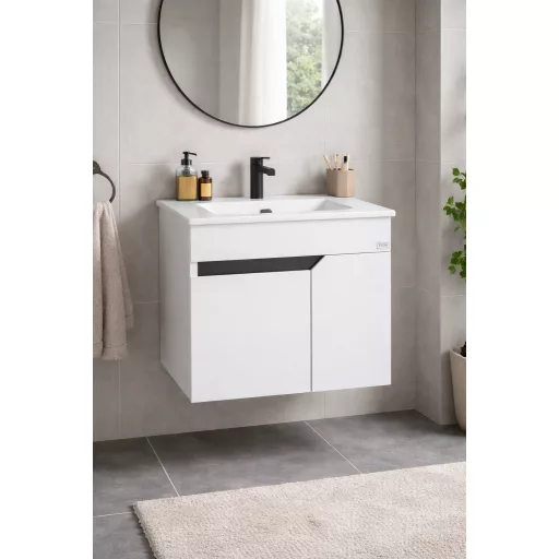 TMP VISION 55 fali függesztett fürdőszobai bútor - SKY E-8099-55 porcelán mosdóval - 55 x 46 cm