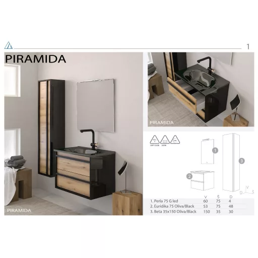 Piramida EURIDIKA OLIVA-FEKETE - fali fürdőszobabútor fekete mosdóval - 75 x 53 x 48 cm