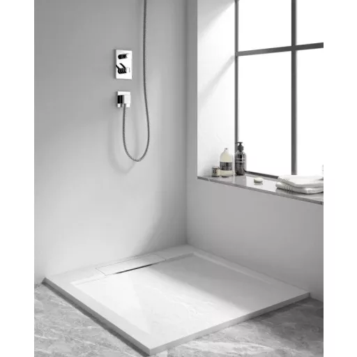 Zuhanytálca - kőhatású, strukturált pala - kompozit ásvány - Viva ES - matt fehér - 90 x 90 x 3 cm