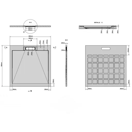 Zuhanytálca - kőhatású, strukturált pala - kompozit ásvány - Viva ES - matt fehér - 90 x 90 x 3 cm