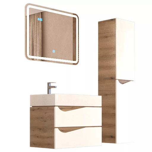 Piramida EURIDIKA fali fürdőszobabútor - műmárvány mosdóval -2 fiókos - ALPINFEHÉR-TÖLGY - 90 x 41 x 56 cm