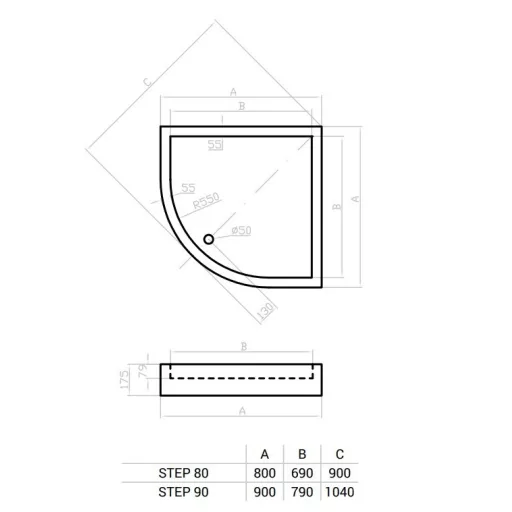 Favorit STEP zuhanytálca íves - szaniter akril - 80 x 80cm
