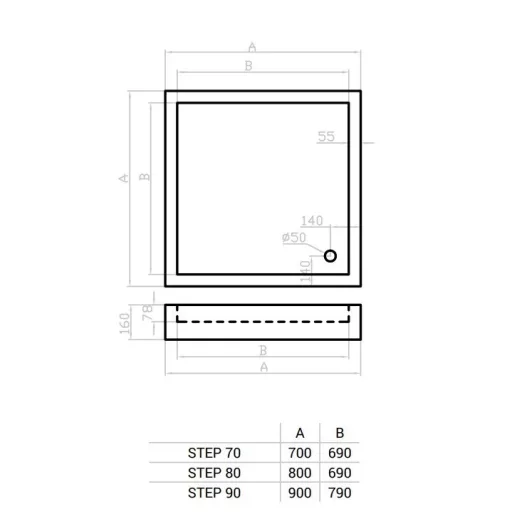 Favorit STEP zuhanytálca szögletes - szaniter akril - 90 x 90 cm