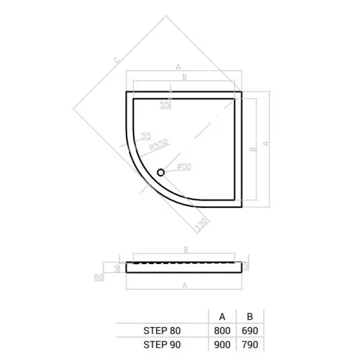 Favorit ULTRA SLIM zuhanytálca íves - szaniter akril - leeresztővel - szifonnal - 80 x 80 cm