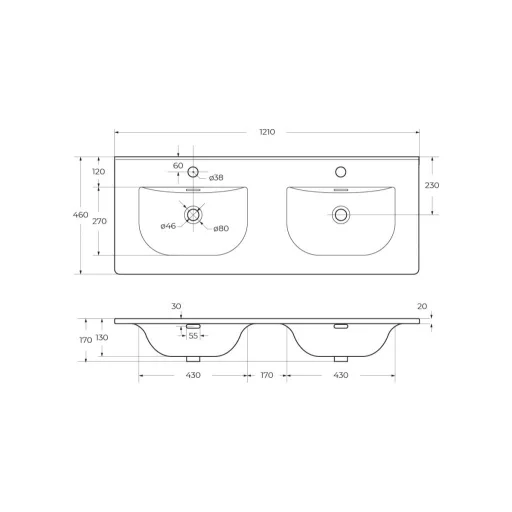 Eros SKY 1 - beépíthető mosdó DUPLA - 121 x 46 cm
