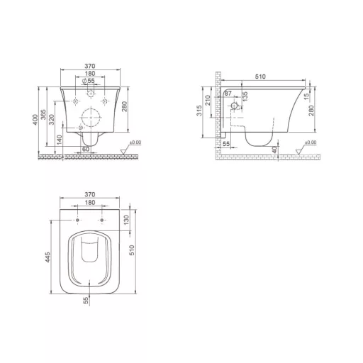 CeraStyle IBIZA fali WC - MATT FEKETE - BEÉPÍTETT bidé funkcióval - perem nélküli