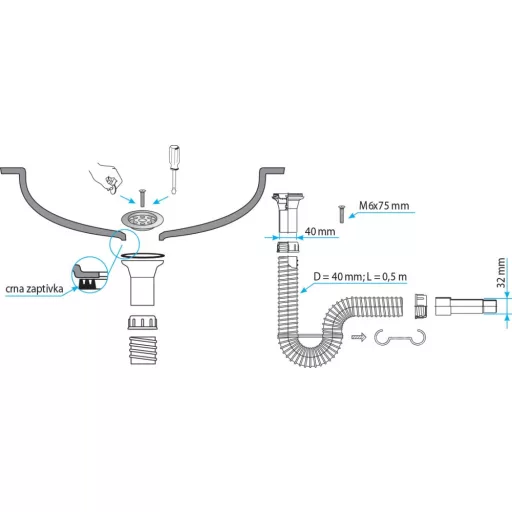 TEXO mosogató szifon flexibilis csővel - Ø 1" x 0,5 m x Ø 40/32 mm