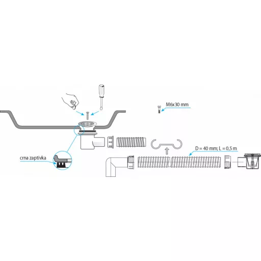 TEXO zuhanytálca szifon flexibilis csővel - Ø 5/4" x 0,5 m x Ø 40 mm