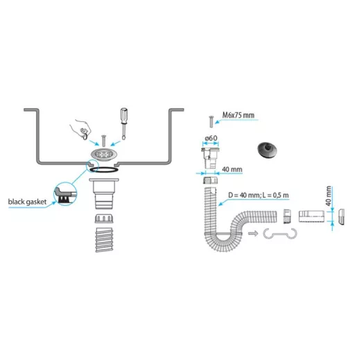 TEXO mosdószifon flexibilis csővel - Ø 5/4" x 0,5 m x Ø 40 mm
