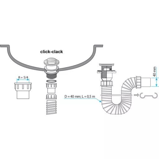 TEXO KLIKK- KLAKK króm sr. mosdószifon flexibilis cső, túlfoly. leeresztő - Ø 5/4" x 0,5 m x Ø 40 mm