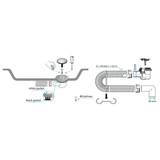 TEXO Exclusive zuhanytálca szifon Ø 60 mm rozsdamentes takaróval - Ø 5/4" x 0,4 m x Ø 40 mm